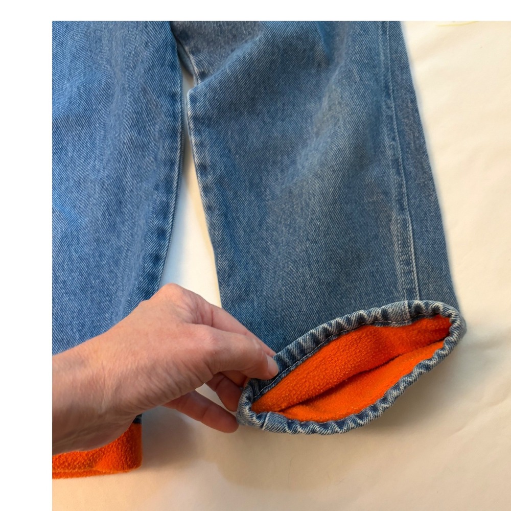 Vintage OshKosh‎ Bgosh Sz 6 Fleece Lined Cuffs Denim Overalls Blue Orange Bib - Picture 3 of 6